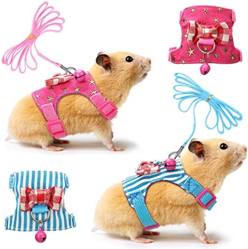 SATINIOR 2 Pieces Small Hamster Harness and Leash Set, Ferret Guinea Pig Clothes with Bowknot and Bell Decor, No Pulling Comfort Padded Vest Striped for Rats Bunny Rabbit Small Animals(M,Pink, Blue)
