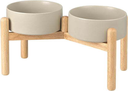 SPUNKYJUNKY Ceramics Elevated Dog Bowls with Wooden Stand Raised Dog Bowl for Medium Large Dog Food and Water Pet Feeding Bowl(Double 60OZ Bowls,Grey)