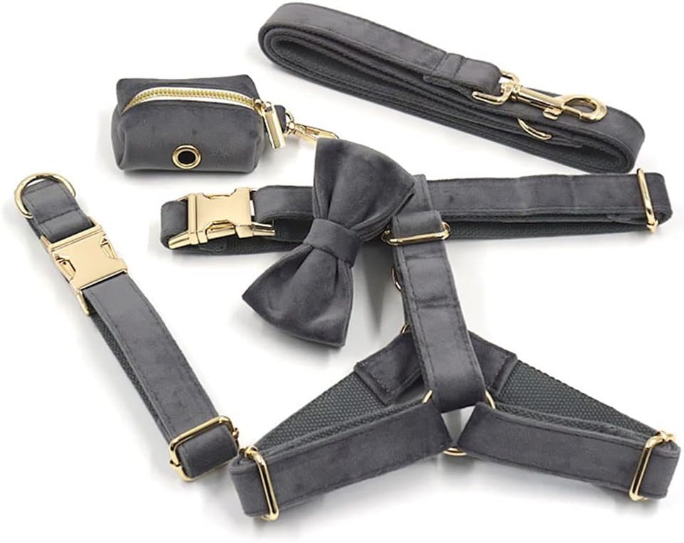 PETDURO Personalized Dog Collar Gray Soft Velvet for Large Medium Small Boy Girl Dogs - Custom Collar with Name Phone Engraved on Gold Metal Buckle - Add Matching Leash Bow Set via Customize Now