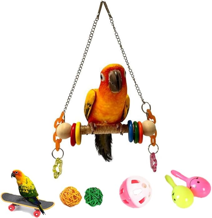 7 Pcs Parrot Bird Swing and perches for cage with Chew Toys Set- Pet Supplies Colorful Wooden Toys with Acrylic Décor Swing Hanging Birdcage Stands Playground for Lovebirds Conures Budgies.