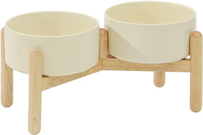 Ceramic 6.1inch Raised Dog Bowl with Stand for Small and Medium Breed Dog Dish Pet Food and Water Bowl (Double Bowl with Stand - Beige, 28oz)