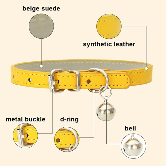 Yellow XS Dog Collar with Bell, Faux Leather Cat Collar with Bells Pu Basic Boy Dog Collars for XXS XSmall Small Medium Pet Male Dogs Little Kitten Tiny Animal, X-Small