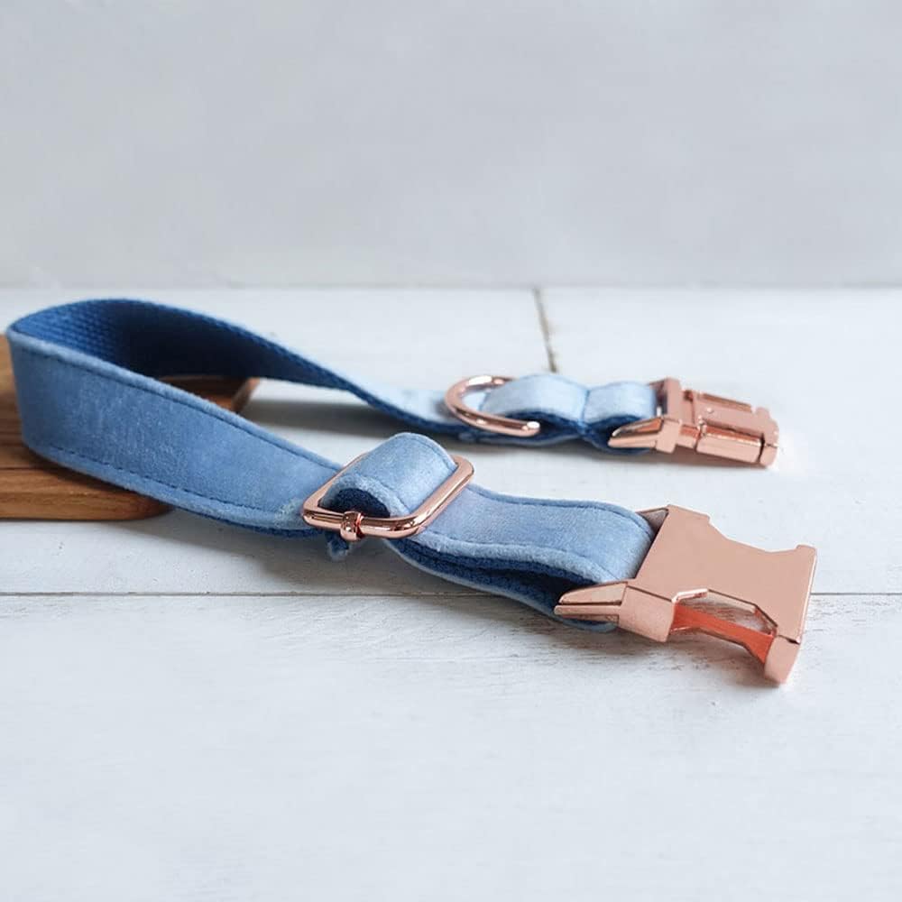 PETDURO Personalized Dog Collar Dusty Blue Soft Velvet for Large Medium Small Boy Girl Dogs - Custom Collar with Name Phone Engraved on Rose Gold Metal Buckle - Add Leash Bow Set via Customize Now