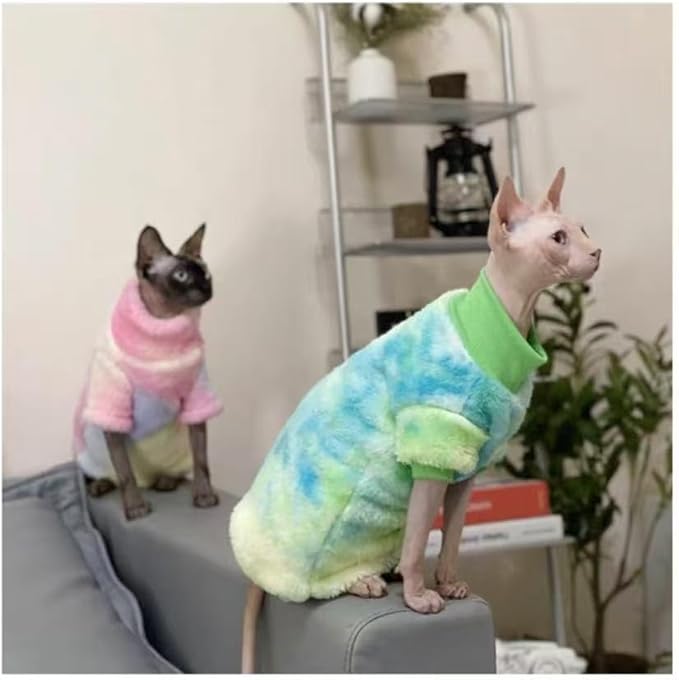 Sphynx Cat Warm Turtleneck Sweater, Thick Soft Double-Sided Fleece Clothes for Cats, Two-Legged Winter Onesie for Cats and Small Dogs,Pjs for Cats and Puppy (Green Tie-dye, XXL (8.5-12.5lbs))