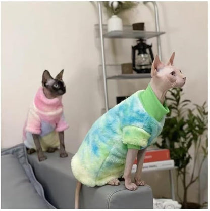 Sphynx Cat Warm Turtleneck Sweater, Thick Soft Double-Sided Fleece Clothes for Cats, Two-Legged Winter Onesie for Cats and Small Dogs,Pjs for Cats and Puppy (Green Tie-dye, S (2-3.5lbs))