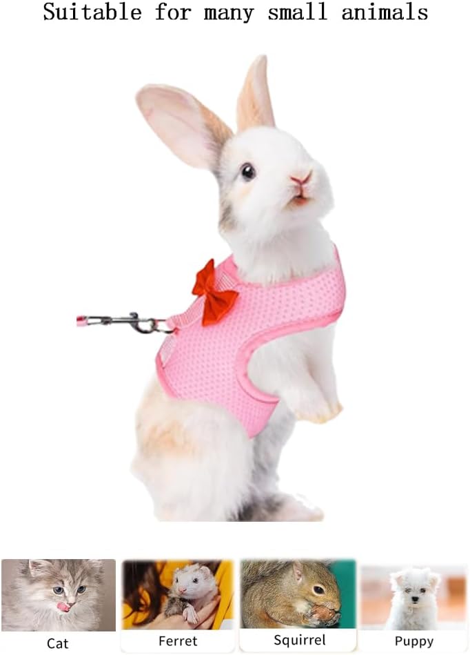 Rabbit Harness and Leash Set for Walking Escape Proof, Mesh Breathable Adjustable Bunny Harness Camping Hiking Training for Ferret Kitten Puppy Pink L (Chest:13.3-14.5")