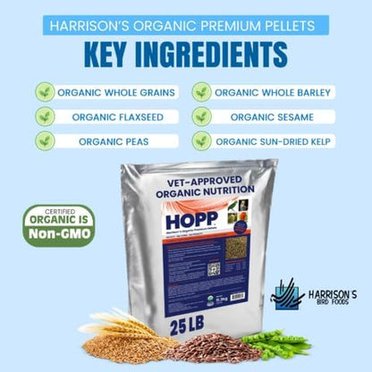 Harrison's Bird Foods HOPP Premium Pellets – Organic, Nutritionally Balanced Food for Small to Medium Pet Birds, Cold-Pressed, Low Fat, Vet-Developed, 25LB