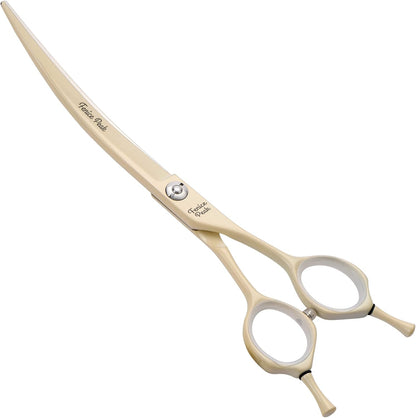 Fenice Peak Curved Dog Grooming Scissors with Cream Color Coating 440C Stainless Steel Pet Grooming Bending Shears Sharp and Durable Comfortable Engonomic Handle