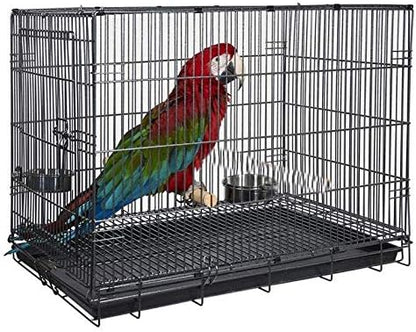 Durable Easy Portable Collapsible Metal Travel or Veterinary Collapsable Parrot Bird Carrier Beaks-Proof Easy Clean Carrier Cage with Stainless Steel Feeder Bowls Natural Wooden Perch