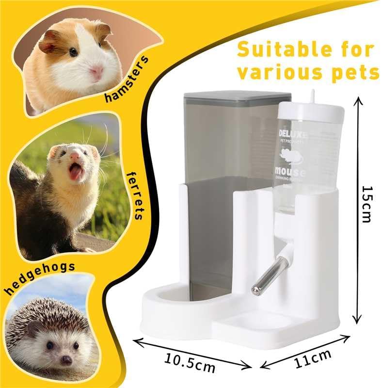 Hamster Water Bottle Standing Guinea Pig Water Dispenser with No Drip 2 in 1 Small Animal Automatic Food Bowl for Cage Accessories for Chinchilla Ferret (Gray, 5.91 in X 4.13 in X 4.33 in)