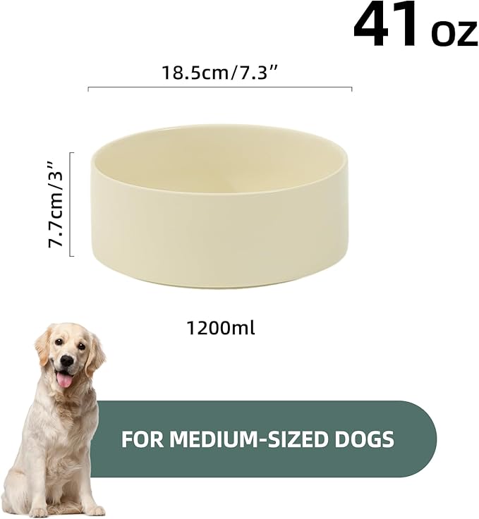 Ceramic 7.3inch Dog Bowl, Food and Water Bowl for Medium Breed Dog, Pet Feeder for Replacement (Single Bowl, Beige)