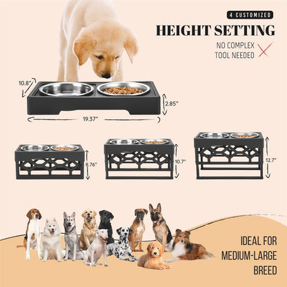 AVERYDAY Large Dog Bowls Elevated, 4 Height Adjustable Raised Dog Bowl Stand with 4 Stainless Steel Food and Water Bowls Set, Tall Dogs Feeding Station with Anti-Slip Base for Medium Large Breeds Dogs