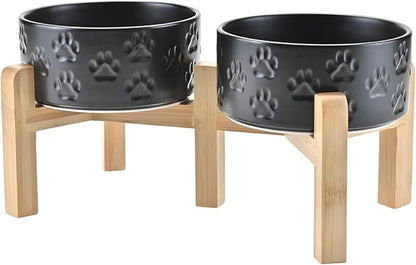 SPUNKYJUNKY Elevated Dog Bowls Ceramic, 6.1'' Dogs and Cat Food Water Bowls Raised with Non-Slip Bamboo Stand for Medium Sized Breed Microwave Dishwasher Safe - 28.7 OZ,Paw Black