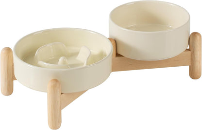 Ceramic 0.9 Cup Raised Slow Feeder Dog Bowl Set, Elevated 5.1inch Water Bowl and 6.1inch Puzzle Slow Pet Food Dish with Wooden Stand for Small Dog and Cat, Anti-Gulping (2 x Beige+ Stand)