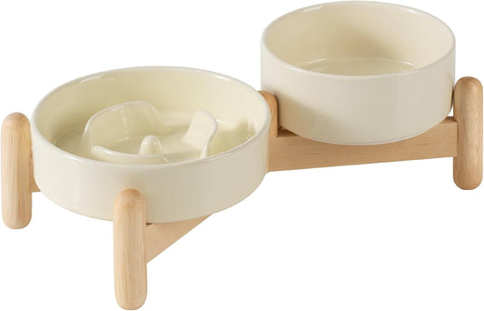 Ceramic 0.9 Cup Raised Slow Feeder Dog Bowl Set, Elevated 5.1inch Water Bowl and 6.1inch Puzzle Slow Pet Food Dish with Wooden Stand for Small Dog and Cat, Anti-Gulping (2 x Beige+ Stand)