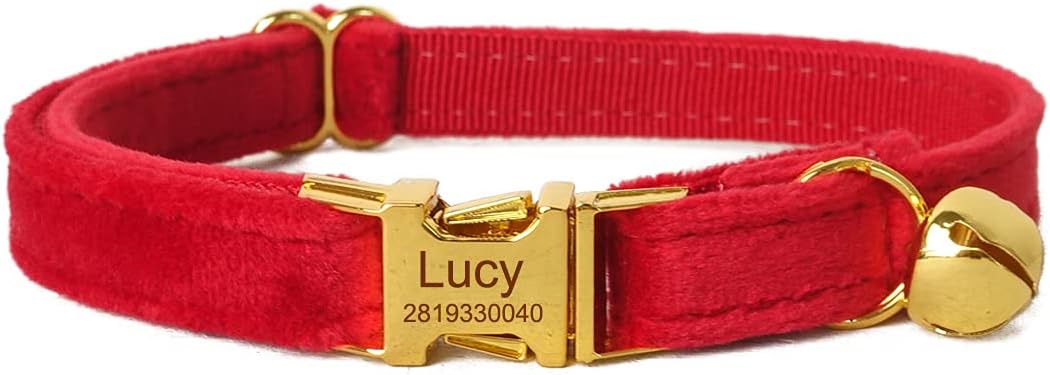 Cat Collar Personalized with Name Engraved and Bell, Customized Velvet Collars for Puppy Kittens (Red, L)