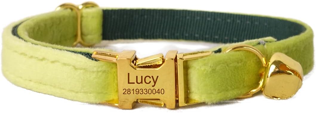 Cat Collar Personalized with Name Engraved and Bell, Customized Velvet Collars for Puppy Kittens (Moss Green, S)