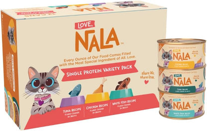 LOVE, NALA - Single Protein Flaked Wet Cat Food Variety Pack - Chicken, Tuna & White Fish - Natural, Hydration Broth, Grain-Free, Human-Grade Protein, Non-GMO, No Gums, No Carrageenan-2.8 oz,12 Cans