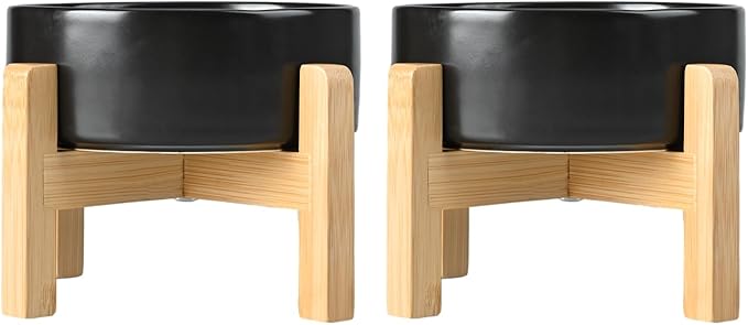 SPUNKYJUNKY Ceramic Elevated Dog Bowls 2 Pack - 6.1inch Raised Dog Bowls with Non-Slip Wooden Stand for Medium Dogs Dishwasher Safe(Black,28.7OZ*2)