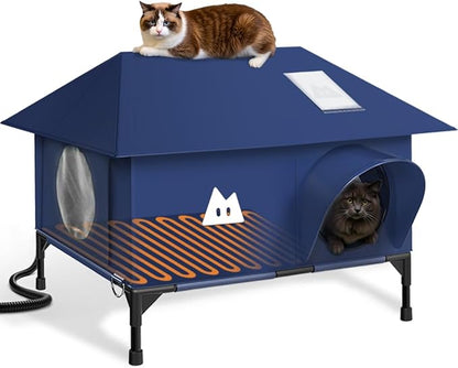 Heated Outdoor Cat House for Outside Cat in Winter,Upgraded 100% Weatherproof,Spacious Interior,2 Doors,Name Pocket,Heavy-Duty Insulated Feral Cat Shelter for Stray Barn Kitten(Blue,20"x16"x14.5")