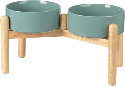 SPUNKYJUNKY Ceramics Elevated Dog Feeding Stand with Wooden Base - Double 60oz Bowls for Medium Large Dogs (Dark Green)