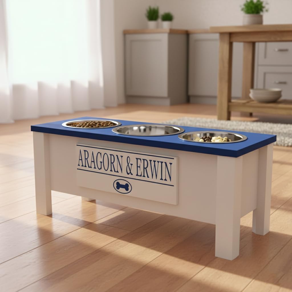 GrooveThis Woodshop - Personalized Elevated Triple Dog Bowl Stand for Large, Medium, Small, X-Small Dogs - 3 Stainless Steel Food and Water Bowls - Raised Dog Dish with Internal Storage (Large, Blue)