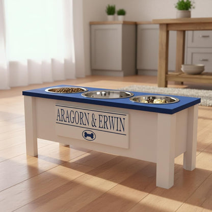 GrooveThis Woodshop - Personalized Elevated Triple Dog Bowl Stand for Large, Medium, Small, X-Small Dogs - 3 Stainless Steel Food and Water Bowls - Raised Dog Dish with Internal Storage (Large, Blue)