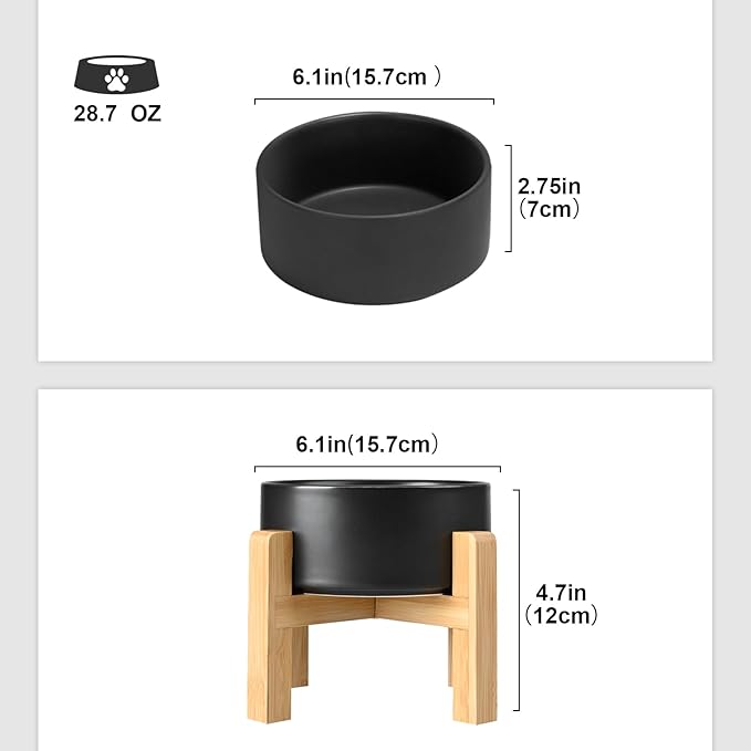 SPUNKYJUNKY Ceramic Elevated Dog Bowls 2 Pack - 6.1inch Raised Dog Bowls with Non-Slip Wooden Stand for Medium Dogs Dishwasher Safe(Black,28.7OZ*2)