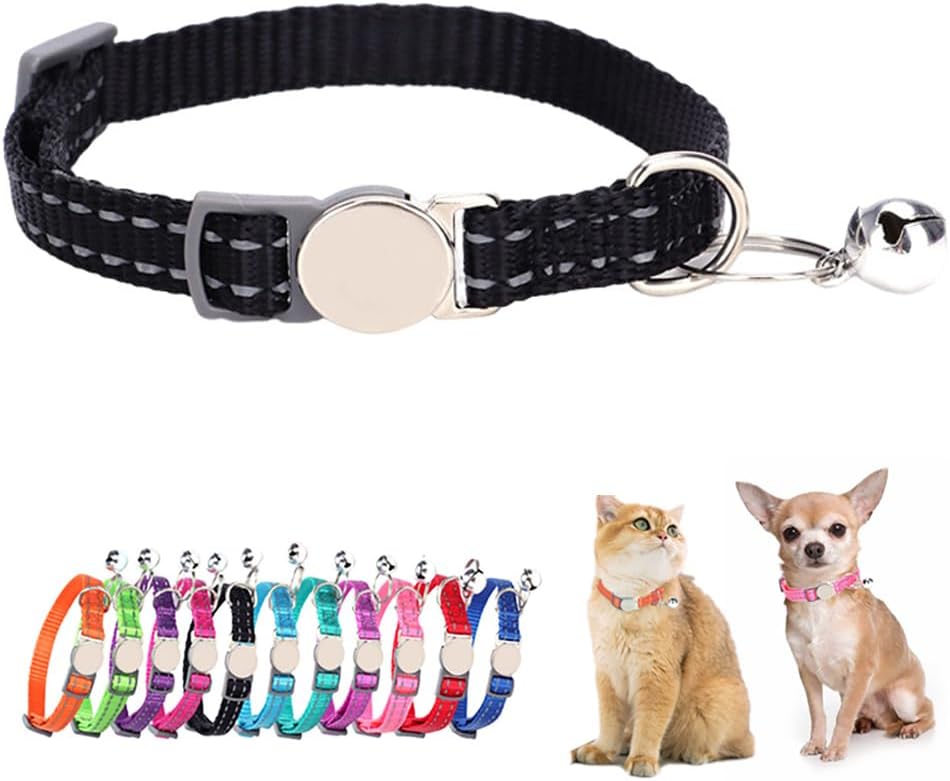Black Breakaway Dog Collar with Bell, Reflective Puppy Collar Safety Soft Nylon Break Away Cat Collars Adjustable for Xs Small Tiny Pet Little Dogs Kitten, Neck 7-11 Inch