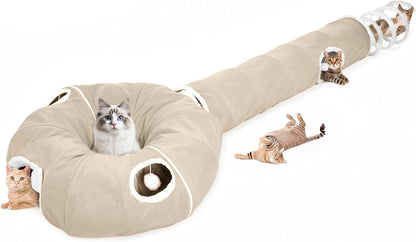 Ownpets 2-in-1 Cat Tunnel Bed, Lollipop Shape Large Cat Tunnel Toy, Plush Foldable Cat Cave Hideout Donut Tunnel for Kitten Rabbit Ferret, Beige