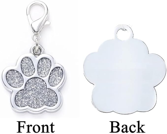 Cute Personalized Pet Name Tags for Cats/Dogs - Glitter Custom pet id tag, Dog id Tags Engraved for Pets, cat tag, pet Collar Charms, Dog Name tag (Paw-Shaped-Small: Silver)