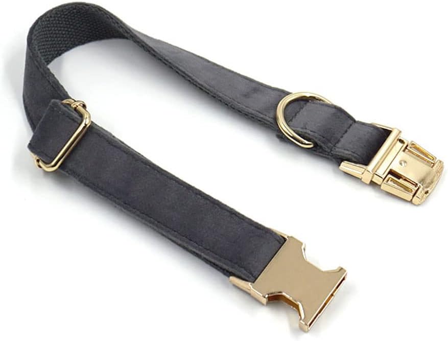 PETDURO Personalized Dog Collar Gray Soft Velvet for Large Medium Small Boy Girl Dogs - Custom Collar with Name Phone Engraved on Gold Metal Buckle - Add Matching Leash Bow Set via Customize Now