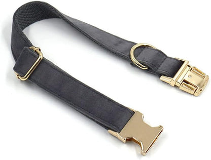 PETDURO Personalized Dog Collar Gray Soft Velvet for Large Medium Small Boy Girl Dogs - Custom Collar with Name Phone Engraved on Gold Metal Buckle - Add Matching Leash Bow Set via Customize Now