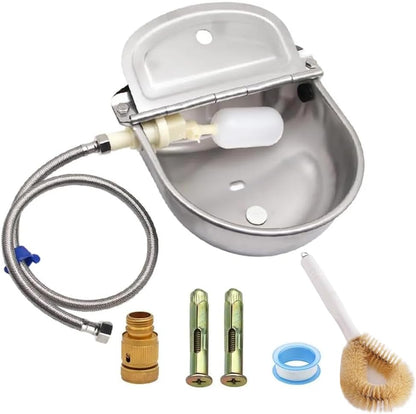 Automatic Animal Drinking Water Bowl with Float Valve and Drainage Hole, 304 Stainless Steel Livestock Dispenser Waterer Kits Included Water Hose, 3/4''Adaptor, Float Valves Mounting Bolts (1 Set)