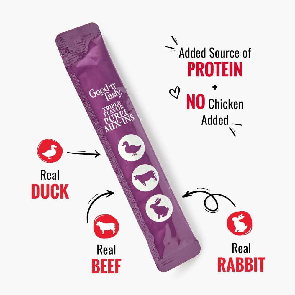 Good 'n' Tasty Triple Flavor Puree Mix-Ins Dog Food Topper Treats for All Dogs, 7 Count, Easy Single-Serve Portions, Added Protein with Duck, Beef and Rabbit, No Chicken Added