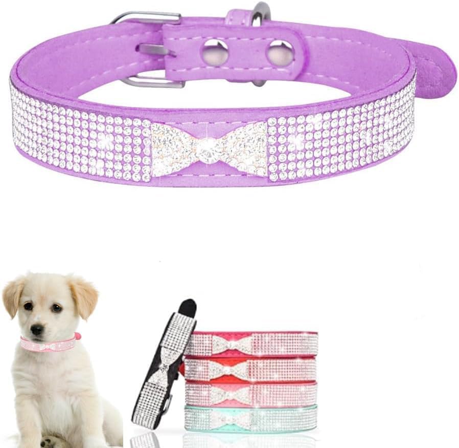 Serijoars Small Dog Collar with Rhinestone Crystal Diamond Colorful Bling Girl Puppy Cat Collars (M, Purple3)