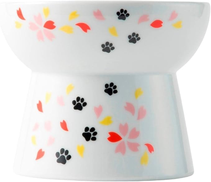 Necoichi Raised Cat Food Bowl – Ceramic Elevated Cat Bowl for Whisker & Neck Fatigue, Dishwasher Microwave Safe – Non-Slip & Anti Vomiting Ergonomic Design (Sakura Floral, Large)