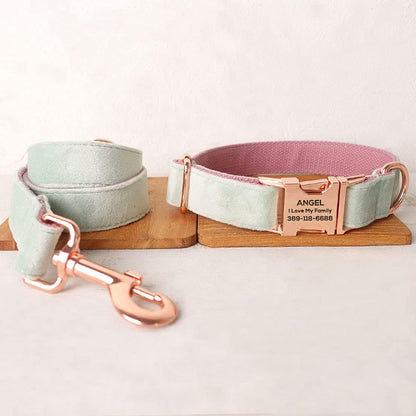 PETDURO Custom Dog Collar Personalized with Name Engraved Quick Release Rose Gold Metal Buckle for Large Medium Small Girl Dogs - Dog Leash and Bow Tie Available - Soft Comfy Velvet (Mint Pink, XL)