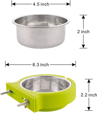 Crate Dog Bowl Removable Stainless Steel Water Food Feeder Bowls Cage Coop Cup for Cat Puppy Bird Pets (Small, Green with Corrugated Clip)