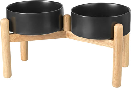 SPUNKYJUNKY Ceramics Elevated Dog Bowls with Wooden Stand Raised Dog Bowl for Medium Large Dog Food and Water Pet Feeding Bowl(Double 60OZ Bowls,Black)