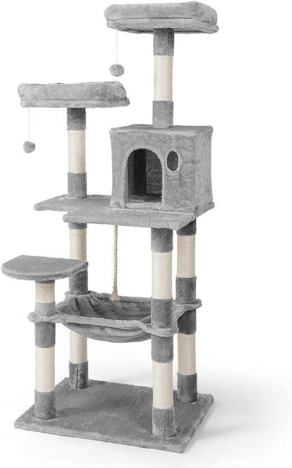 CAPHAUS Tall Cat Tree for Indoor Cats, Modern Cute 58-Inch Cat Climbing Play Tower with Top Perch for Large Cats Kittens, Multi-Level Cat Activity Tree w Scratching Posts, Hammock, Cat Cave Condo