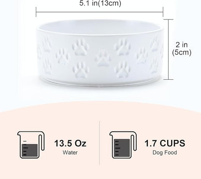SPUNKYJUNKY Ceramic Dog and Cat Bowls 2 Pack, 5.1'' Dog and Cat Food Water Double Feeding Bowls Non-Slip for Cats and Puppy Small Sized Breed Dogs Microwave Dishwasher Safe - 13.5 OZ, 2pcs, Paw White