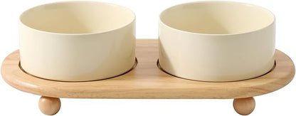 Ceramic Elevated Dog Bowls, Food and Water Bowls for Dogs, Puppy, Raised Dog Dish, Pet Feeder(6inch, 2 x Beige + Stand)