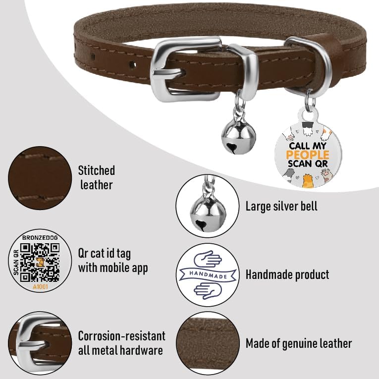 BRONZEDOG Leather Cat Collar with Removable Bells Non Breakaway Kitten QR Tag for Girl Boy (9" - 12" Cats/Mini Dogs, Brown & Silver)