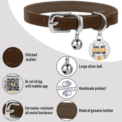 BRONZEDOG Leather Cat Collar with Removable Bells Non Breakaway Kitten QR Tag for Girl Boy (9" - 12" Cats/Mini Dogs, Brown & Silver)