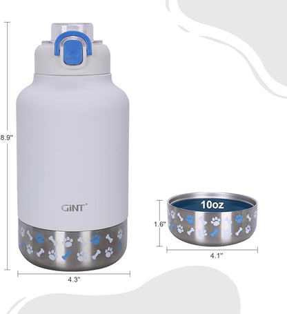 GiNT 37oz Insulated Stainless Steel Dog & Human Water Bottle, All-in-1 Travel Dispenser with Detachable Bowls & Carrying Case, Leak-Proof Pet Canteen for Walking, Hiking, Camping, Car (White)