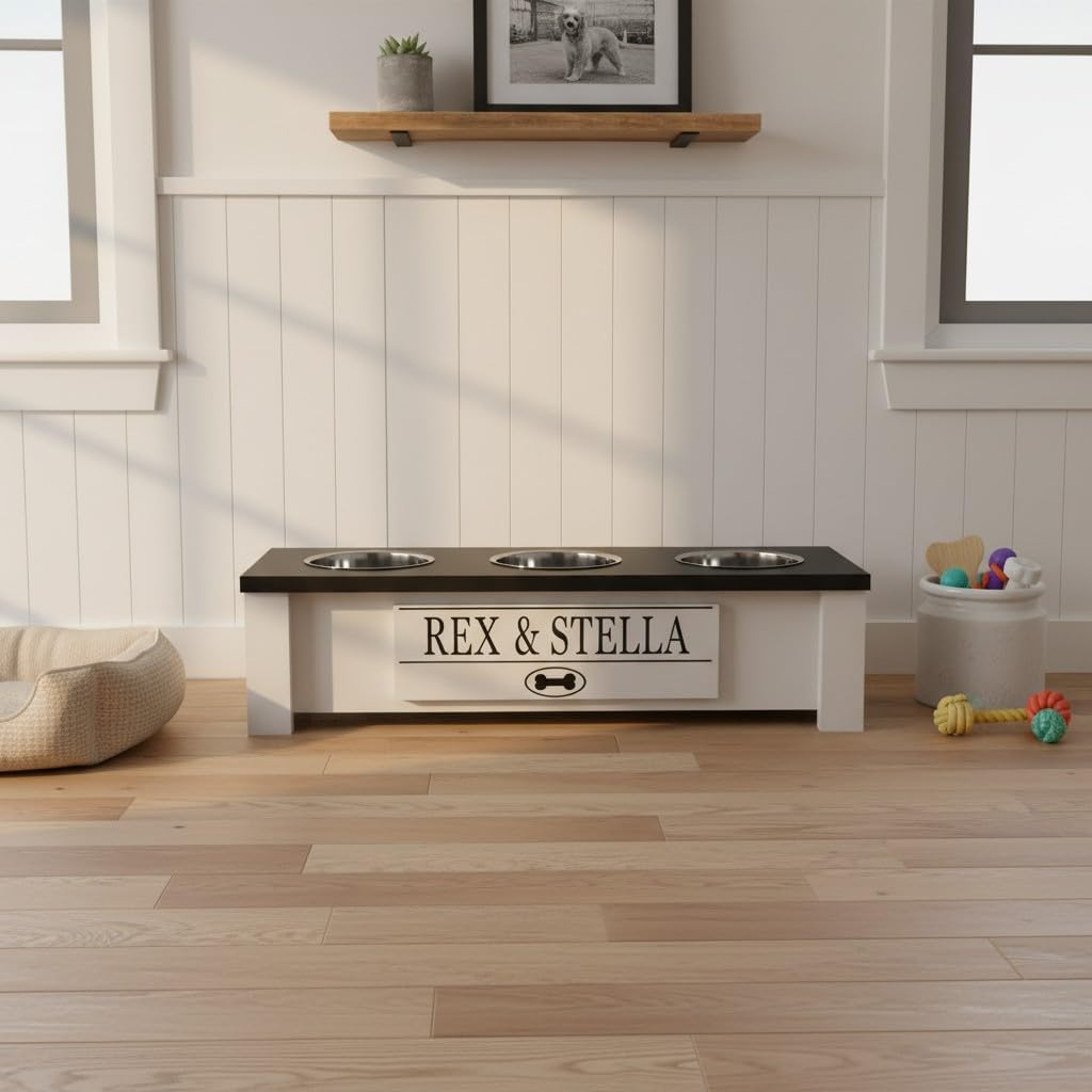 GrooveThis Woodshop - Personalized Elevated Triple Dog Bowl Stand for Large, Medium, Small, X-Small Dogs - 3 Stainless Steel Food and Water Bowls - Raised Dog Dish with Internal Storage (Small, Black)