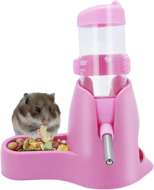 3 in 1 Hamster Hanging Water Bottle Pet Auto Dispenser with Base for Dwarf Hamster Mouse Rat Hedgehog (80ML, Pink)