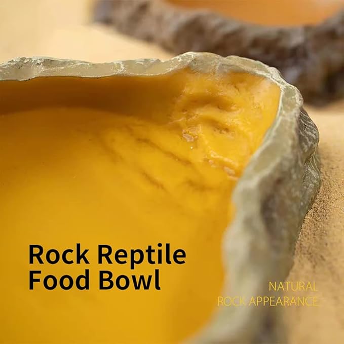 Reptile Water Dish,Resin Reptile Rock Food Feeder Bowl, Water and Food Bowl,Terrarium Decor for Leopard Gecko, Lizard,Spider,Turtle,Scorpion, Chameleon,Hermit Crabs (L, Yellow)
