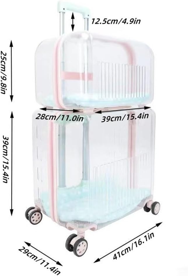 Rolling Pet Trolley Case, Portable Hard Shell Pet Carrier, Clear Plastic Cat Travel Box, Suitable for Cats and Dogs(Green,11.4 * 16.1 * 25.2in)
